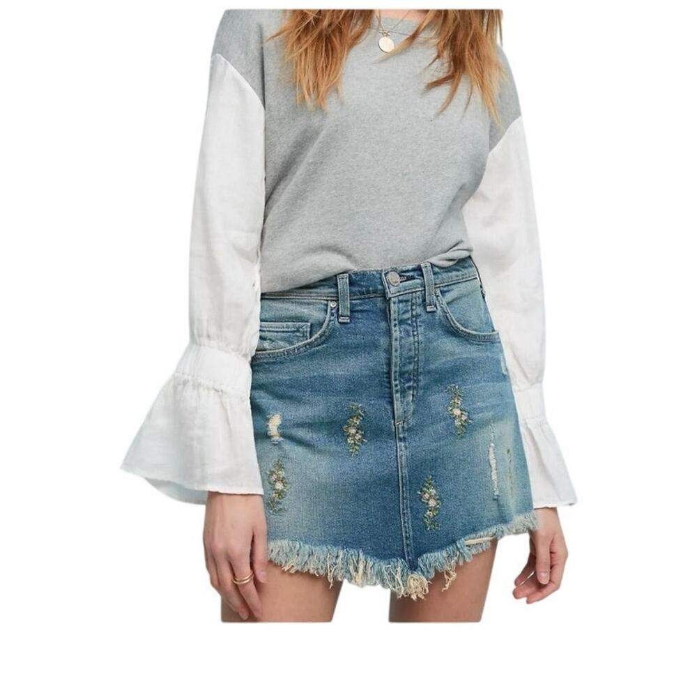 Anthropologie McGuire Embroidered Denim Mini Skirt Size 28 Floral Distressed - Picture 2 of 8